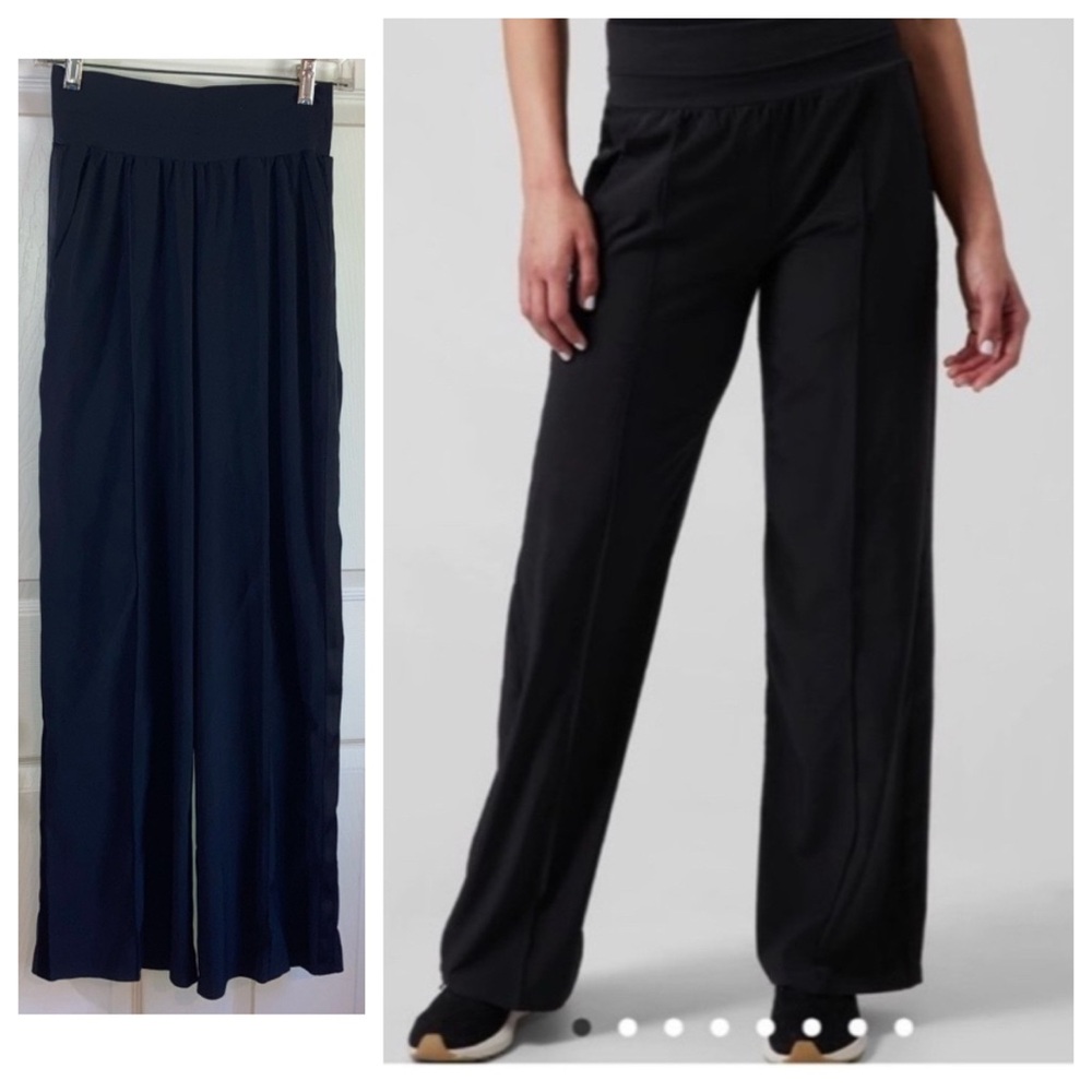 Athleta Nolita Wide Leg Side Stripe Lightweight Bottoms Pants Slacks Black sz 0